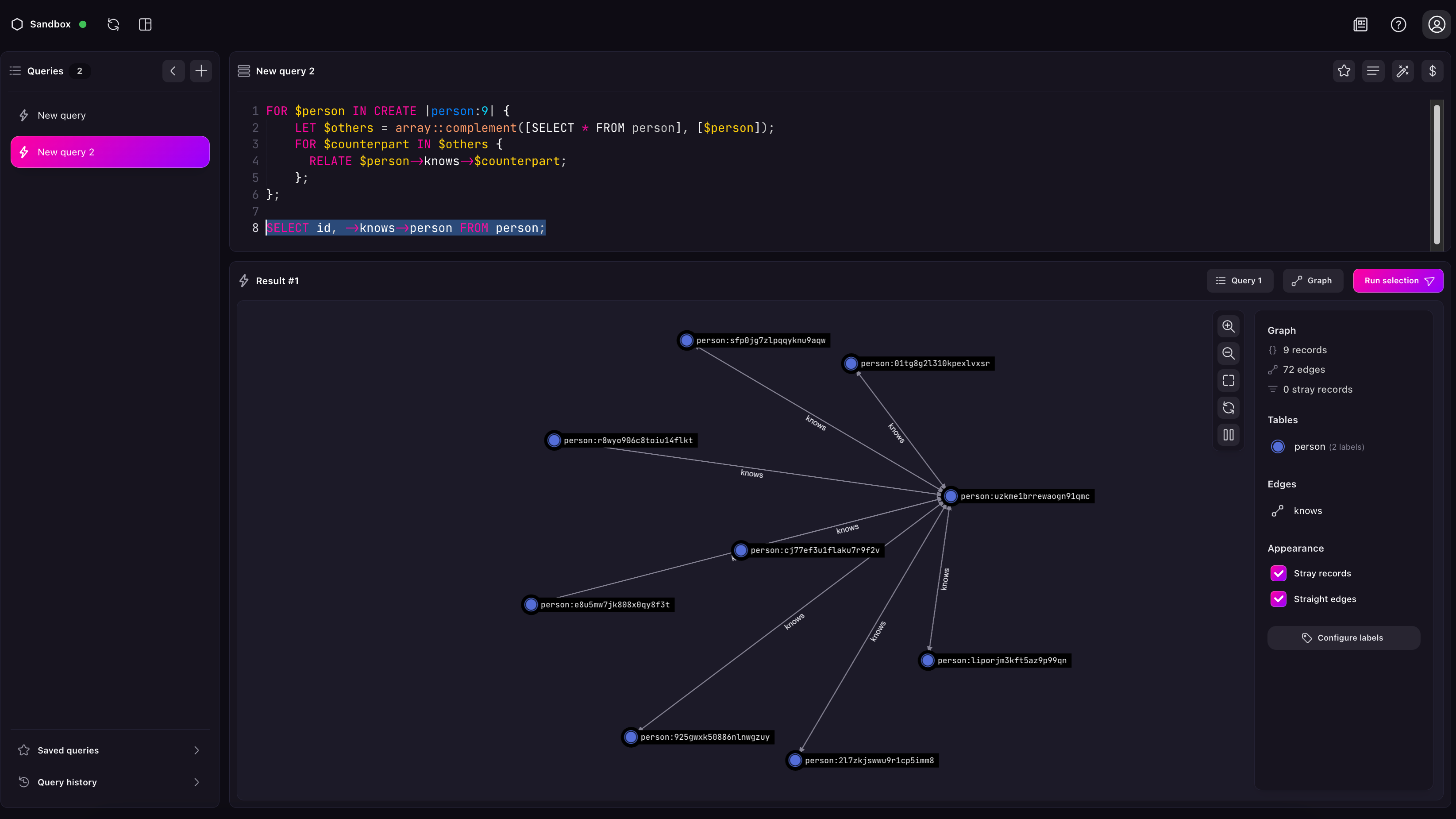 Screenshot of the graph view showing a single employee's connections inside the growing company