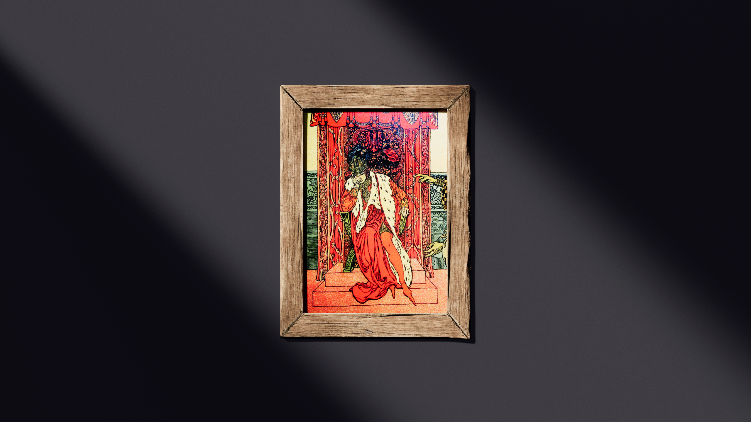 A scene from a German folk tale featuring a king on his throne dressed almost entirely in red, seemingly distracted.