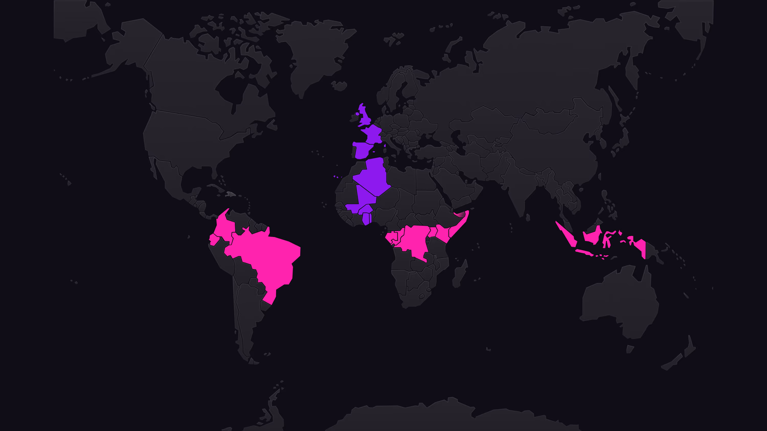 A map of the world, showing countries that straddle the zero degree points of latitude and longitude.