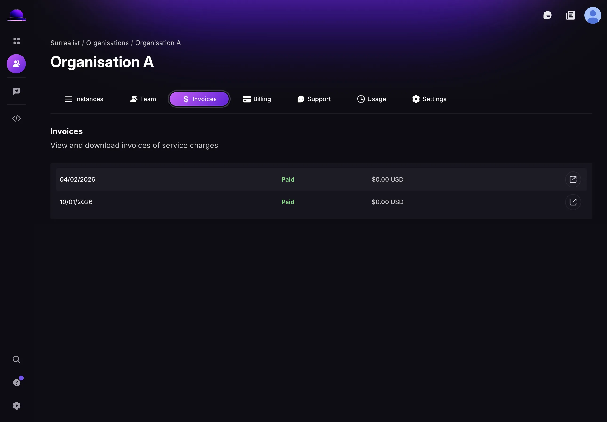 The Invoices tab in the Surrealist UI, showing the available invoices for an organisation to download and view.