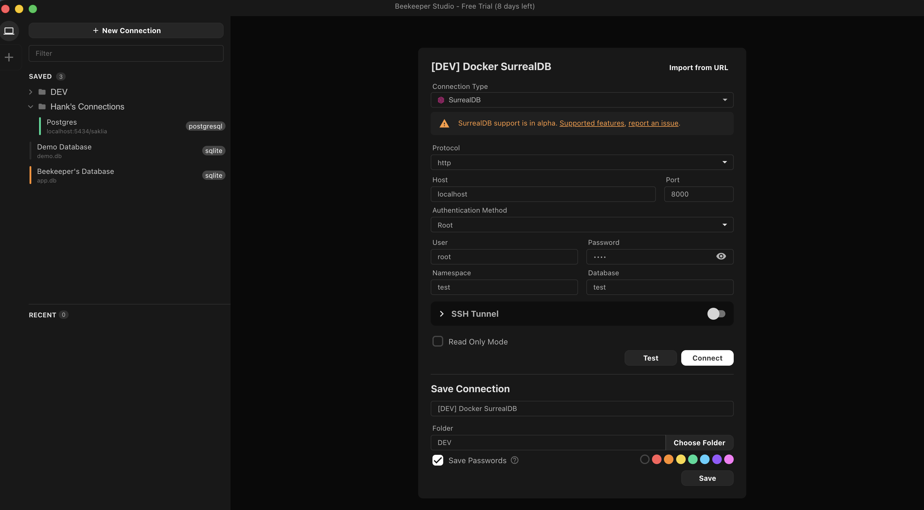 The Beekeeper Studio connection dialog with SurrealDB chosen as the connection type, showing separate protocol, host and port fields above the authentication method, user, password, namespace and database.