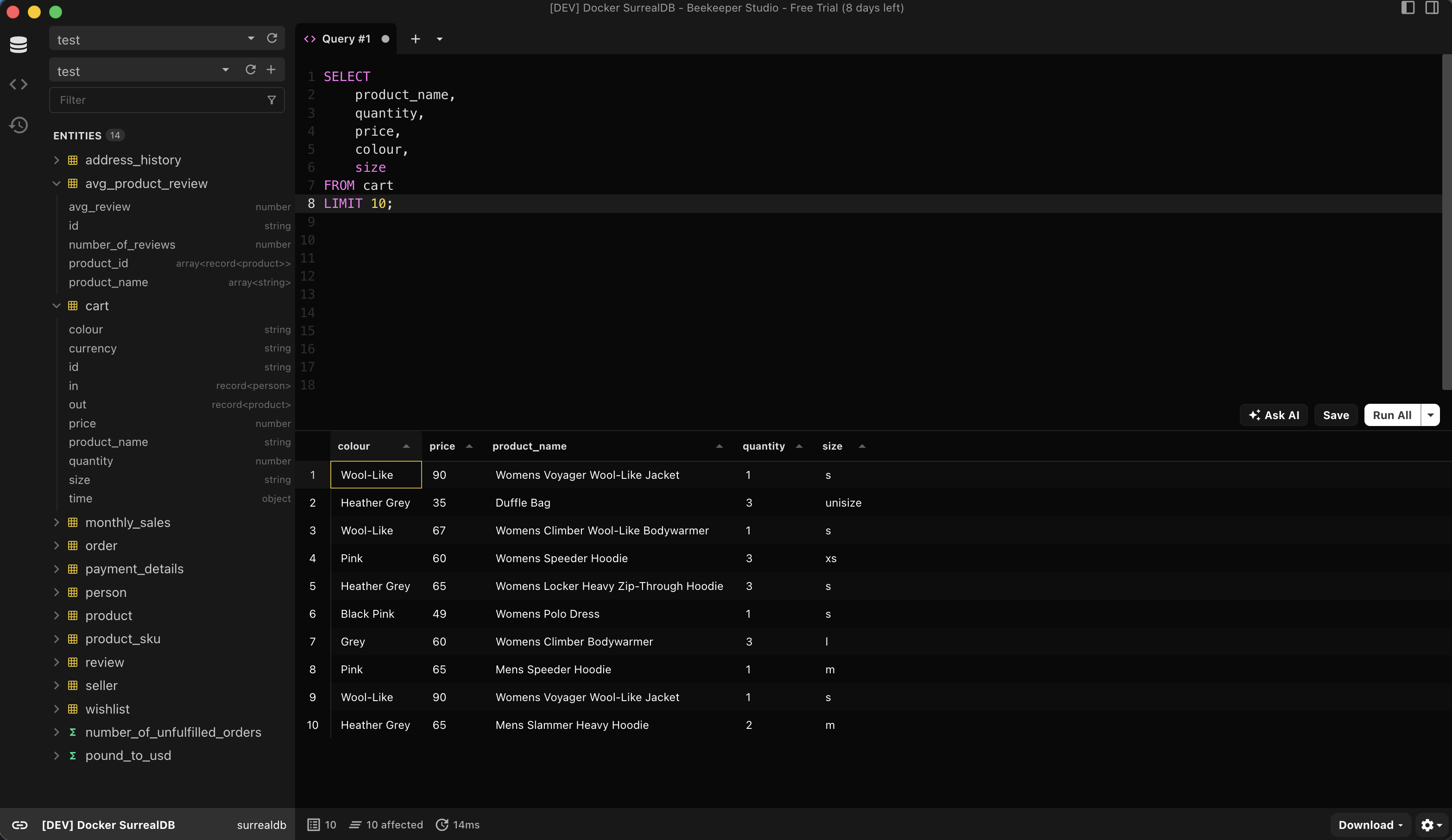 Beekeeper Studio connected to SurrealDB, with the entity sidebar showing a cart table and its field types, a SurrealQL query in the editor, and ten result rows in the grid below.