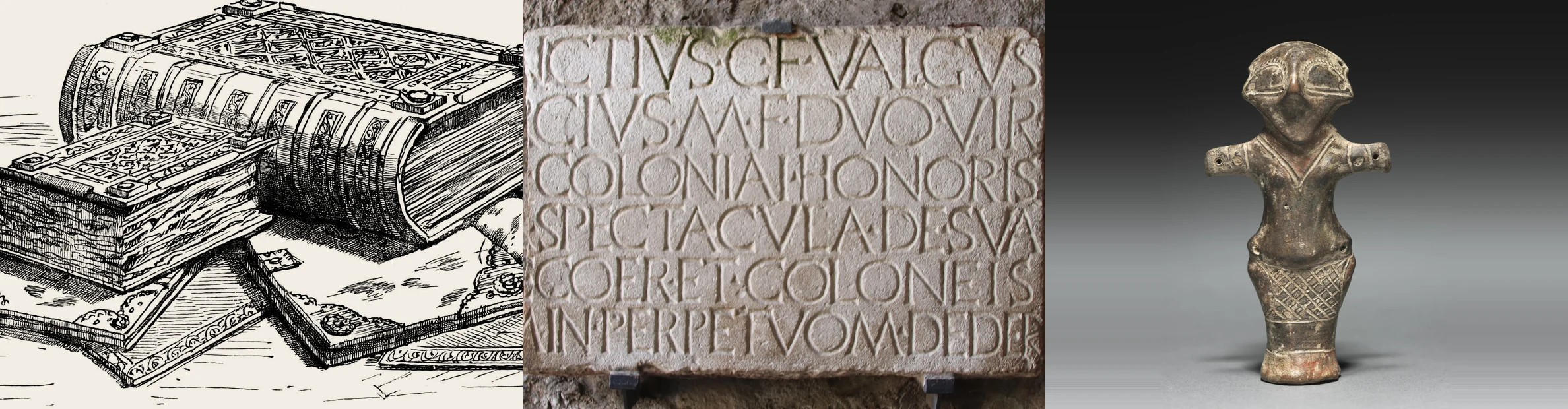Three kinds of primary source side by side: an engraving of bound medieval survey volumes, a Roman dedicatory inscription cut into a limestone slab at Pompeii, and a Neolithic clay figurine of the Vinča culture.