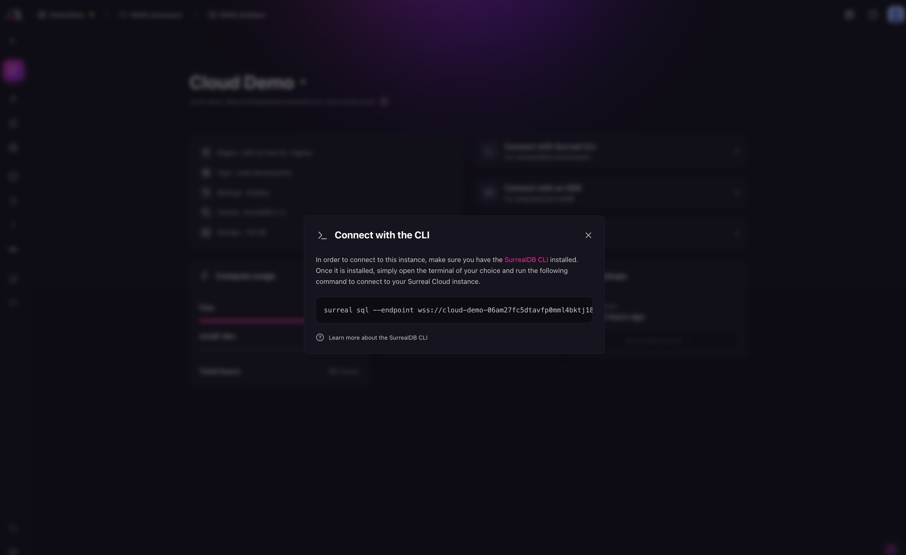 SurrealDB Cloud CLI connection window